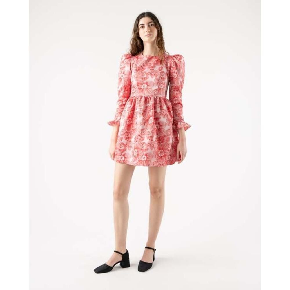 Batsheva Carmine Jacquard Square Neck Mini Prairie Dress Pink Floral Size 8